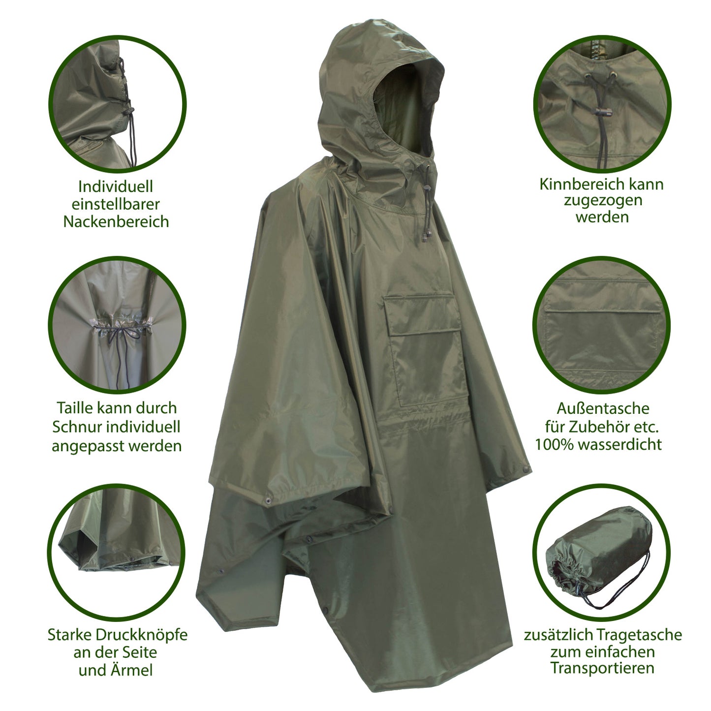 Regenponcho wasserdicht aus 100% Nylon Inkl. Tragetasche