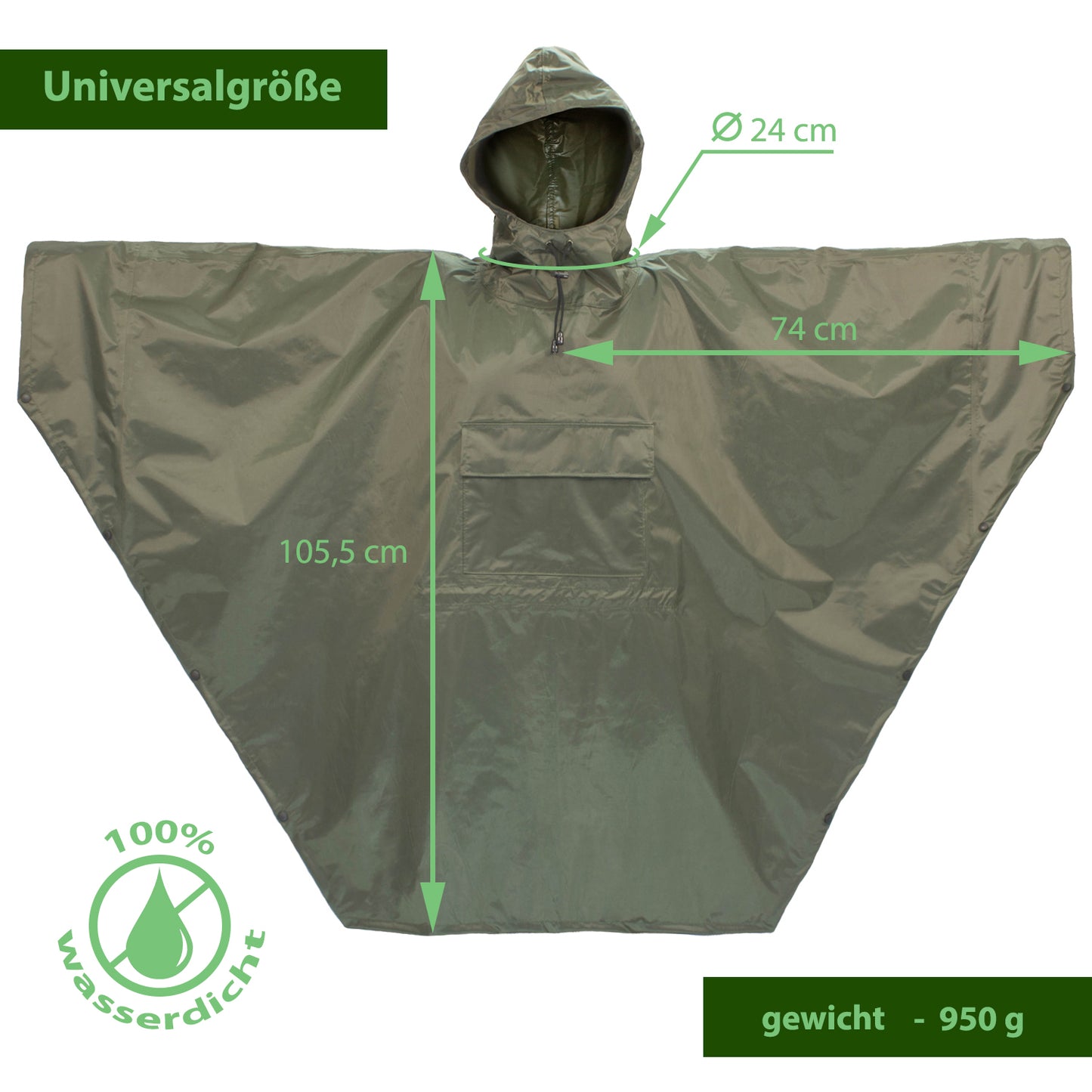Regenponcho wasserdicht aus 100% Nylon Inkl. Tragetasche