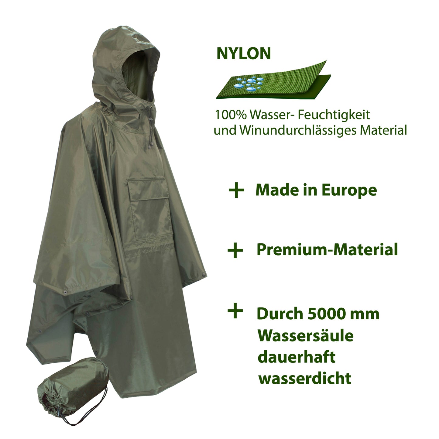 Regenponcho wasserdicht aus 100% Nylon Inkl. Tragetasche
