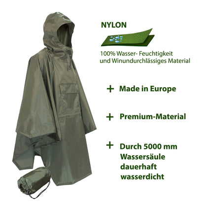 Regenponcho wasserdicht aus 100% Nylon Inkl. Tragetasche